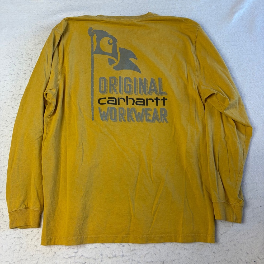 Carhartt Long Sleeve Shirt Mens L Yellow Loose Fit Pocket Graphic Workwear